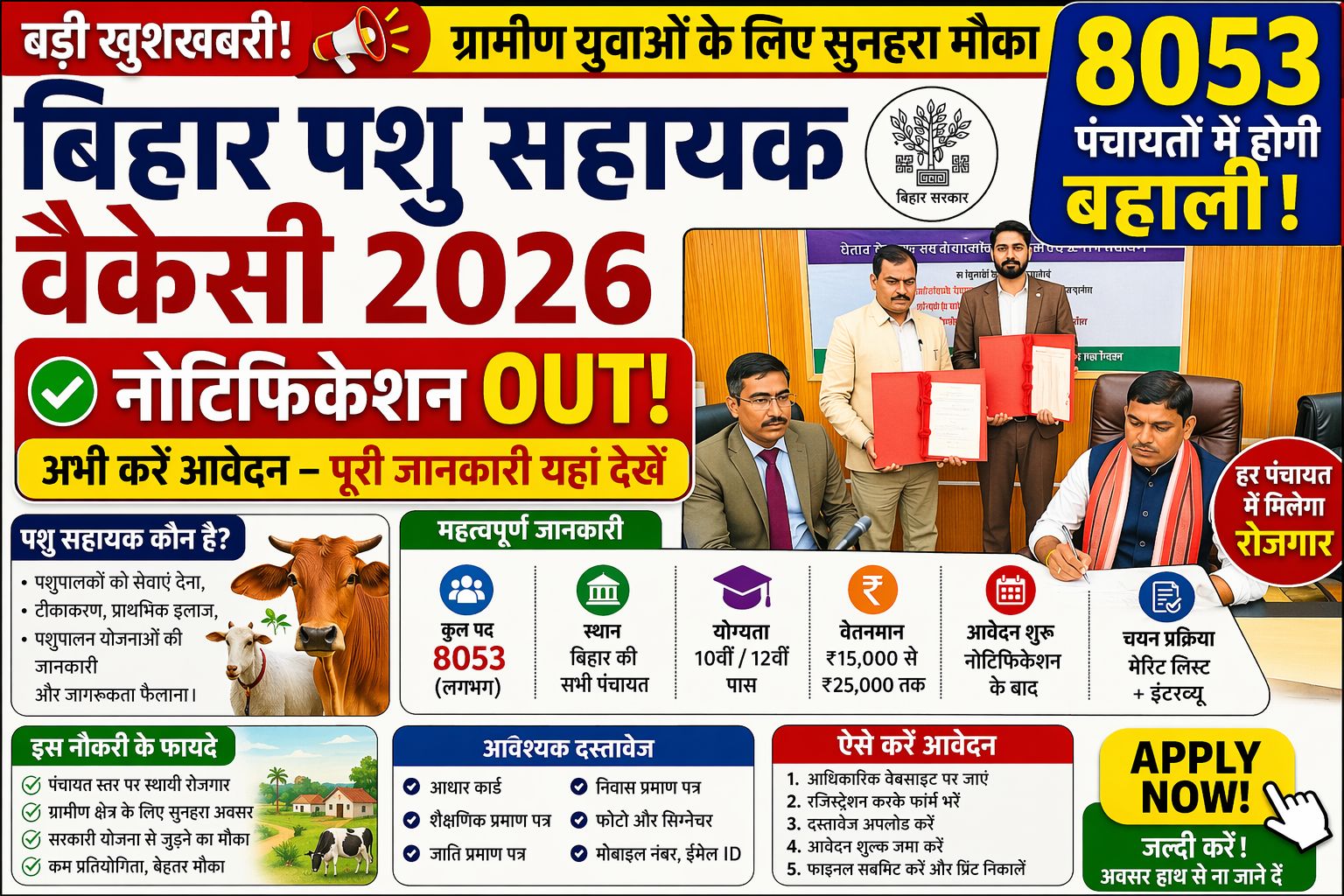 Bihar Pasu Sahayak Vacancy 2026 Notification Out || 8053 पंचायत में होगी बहाली || Apply अभी करें – पूरी जानकारी हिंदी में