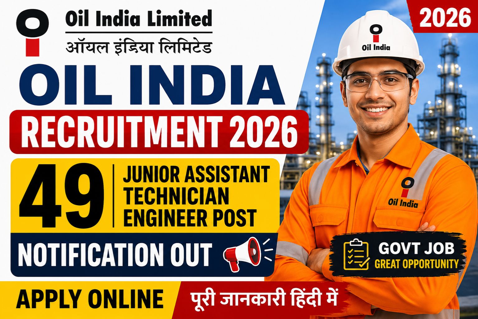 Oil India Recruitment 2026 Notification Out: 49 Junior Assistant, Technician & Engineer Post Apply Online In Hindi