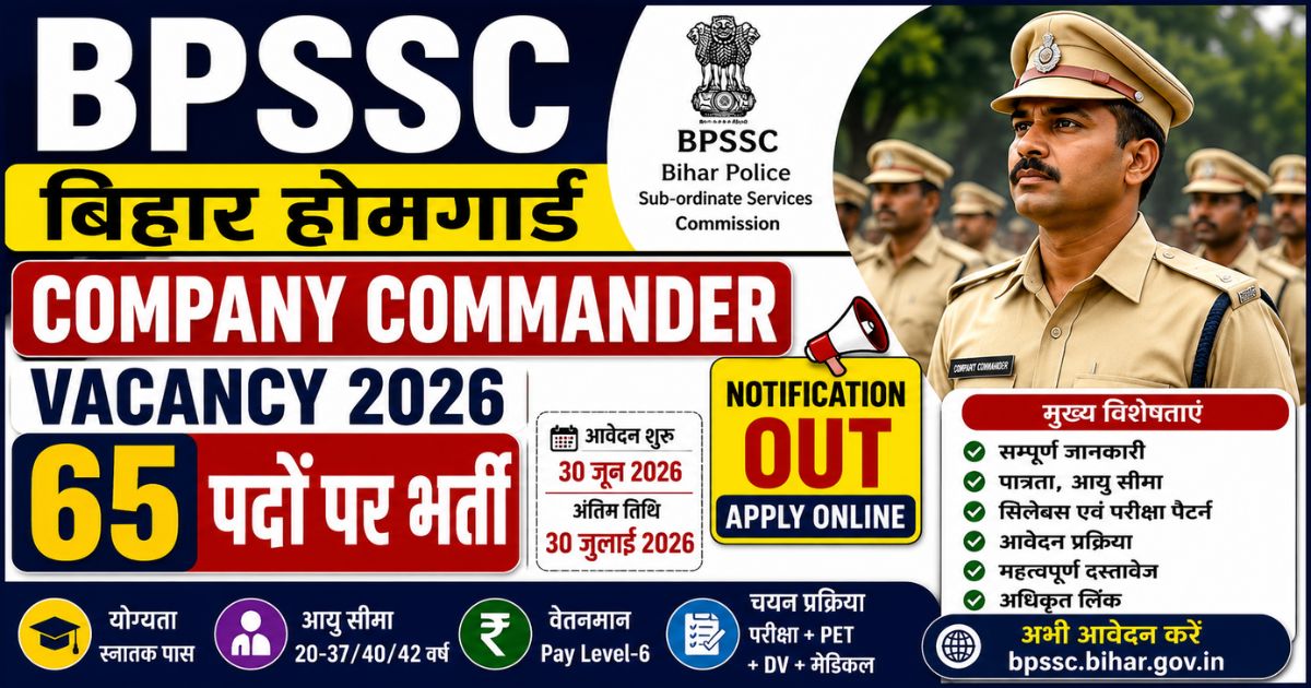 BPSSC Bihar Home Guard Company Commander Vacancy 2026 Notification Out Apply Online: 65 पदों पर भर्ती, पात्रता, आयु सीमा, आवेदन प्रक्रिया और पूरी जानकारी