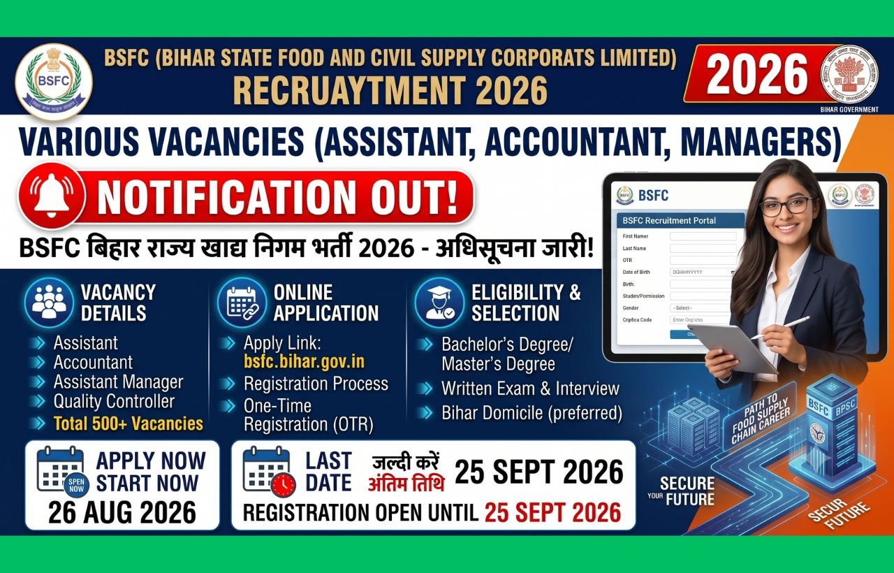 BSFC Bihar State Food and Civil Supply Corporation Limited Recruitment 2026 Notification Out: Apply Form Online rojgarjeet.com