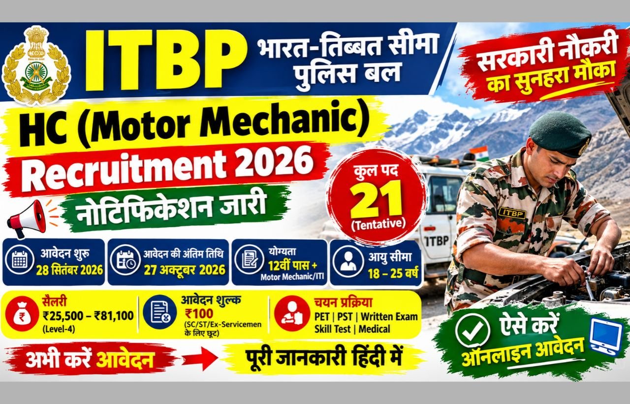 ITBP HC (Motor Mechanic) Recruitment 2026 Notification Out Apply Online Form Last Date in Hindi rojgarjeet.com
